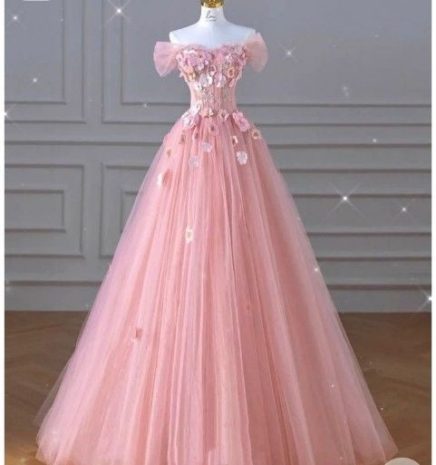 Tulle Prom Dress Long Ball Gown Off Shoulder Light Pink Formal Graduation Gown RB9493