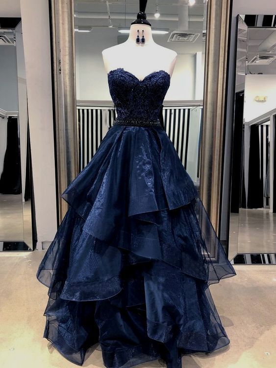Elegant Ball Gown Sweetheart Navy Blue Tulle Long Prom Dresses Formal Teens Party Dress Vestidos De Dia AB595