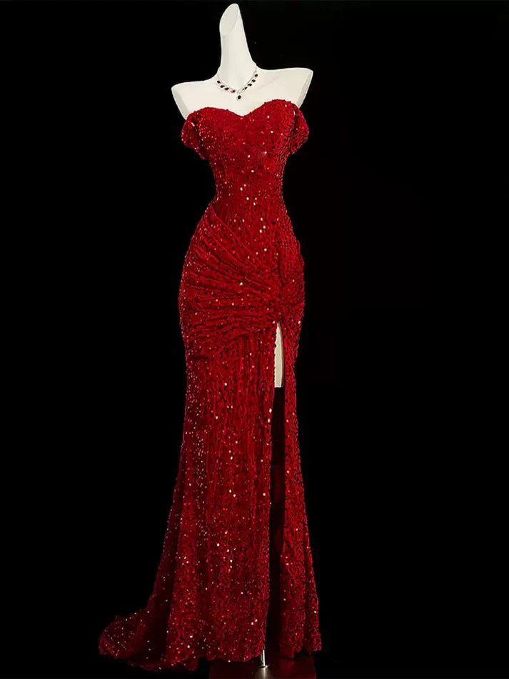 Classy Mermaid Sweetheart Red Slit Sequins Long Evening Gowns Prom Dresses AB130