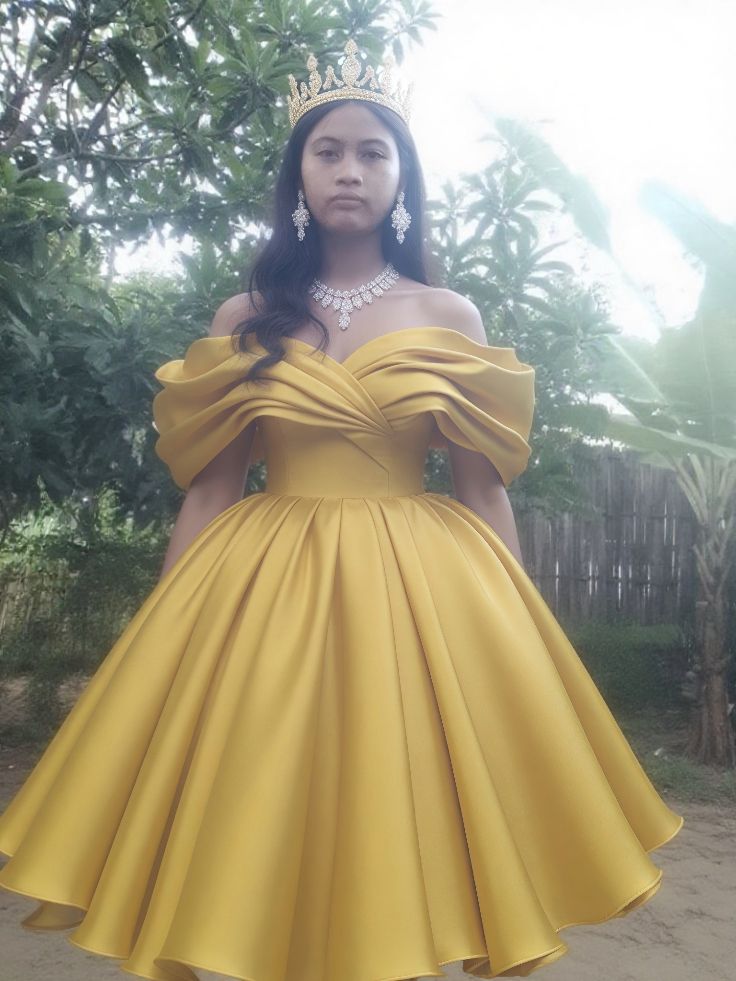Charming Ball Gown Off The Shoulder Yellow Satin Inspiration Short Sleeves Short Prom Dresses Wedding Guest Dress Prom Gowns AB270