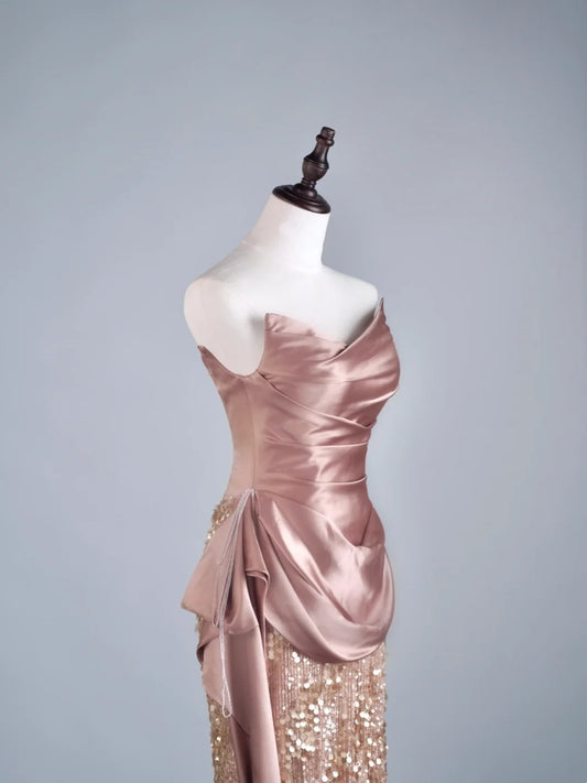 Modest Mermaid Sweetheart Pink Sequin With Pleated Ruffles Long Prom Dresses Night Semi Formal Dresses N687