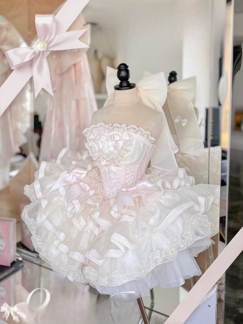 Pretty Ball Gown Strapless Pink Satin With Bow Mini Lolita Homecoming Dresses High Shool Grad Hoco Outfits RB4615