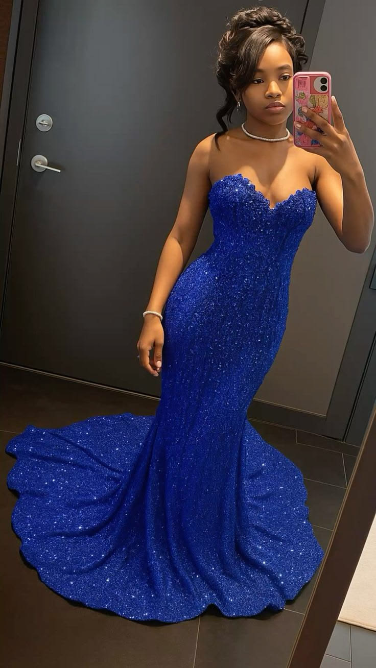Prom Dress Sexy Mermaid Sweetheart Royal Blue Sequined For Black Teens Women Graduation Party Dress RC1057