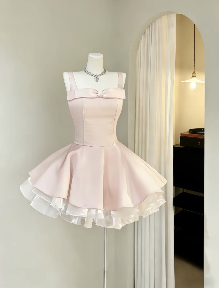 Cute Ball Gown Square Neck Pink Satin Mini Hoco & Homecoming Dress Ideas Short Party Dresses RB6466