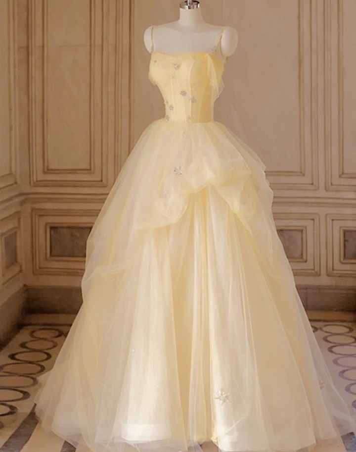 Unique Ball Gown Spaghetti Strap Yellow Tulle Prom Dresses With Flowers Long Party Dress 22th Birthday Outfits Graduation Dress AB289