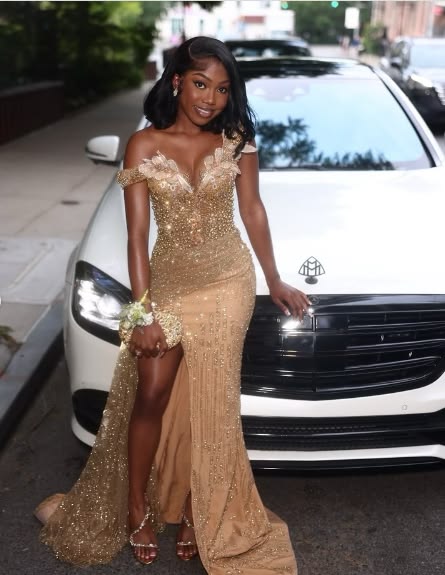 Gorgeous Gold Mermaid High-slit Sequined Long Prom Dress Evening Dress With Beads N628