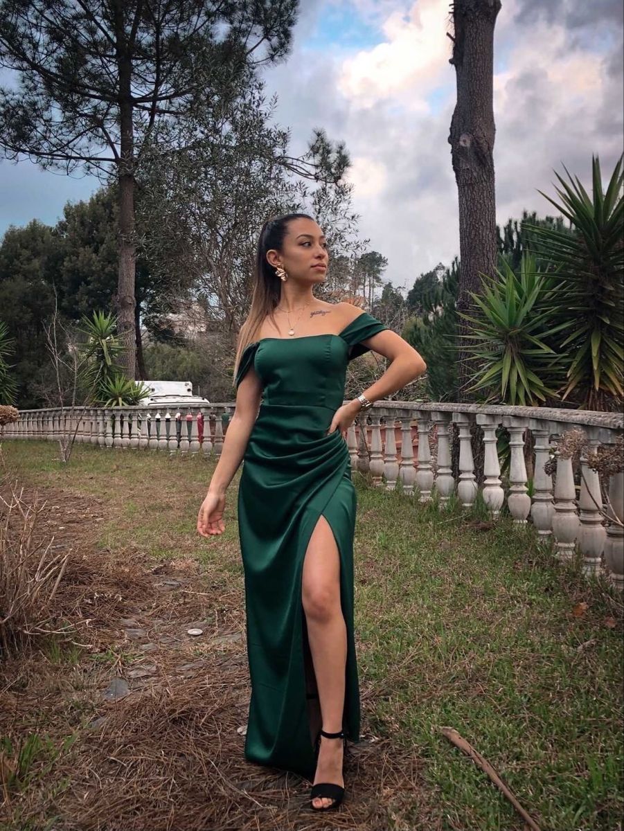 Beautiful Sheath Off The Shoulder Dark Green Satin Maxi Long Party Prom Dresses Evening Dress AB280