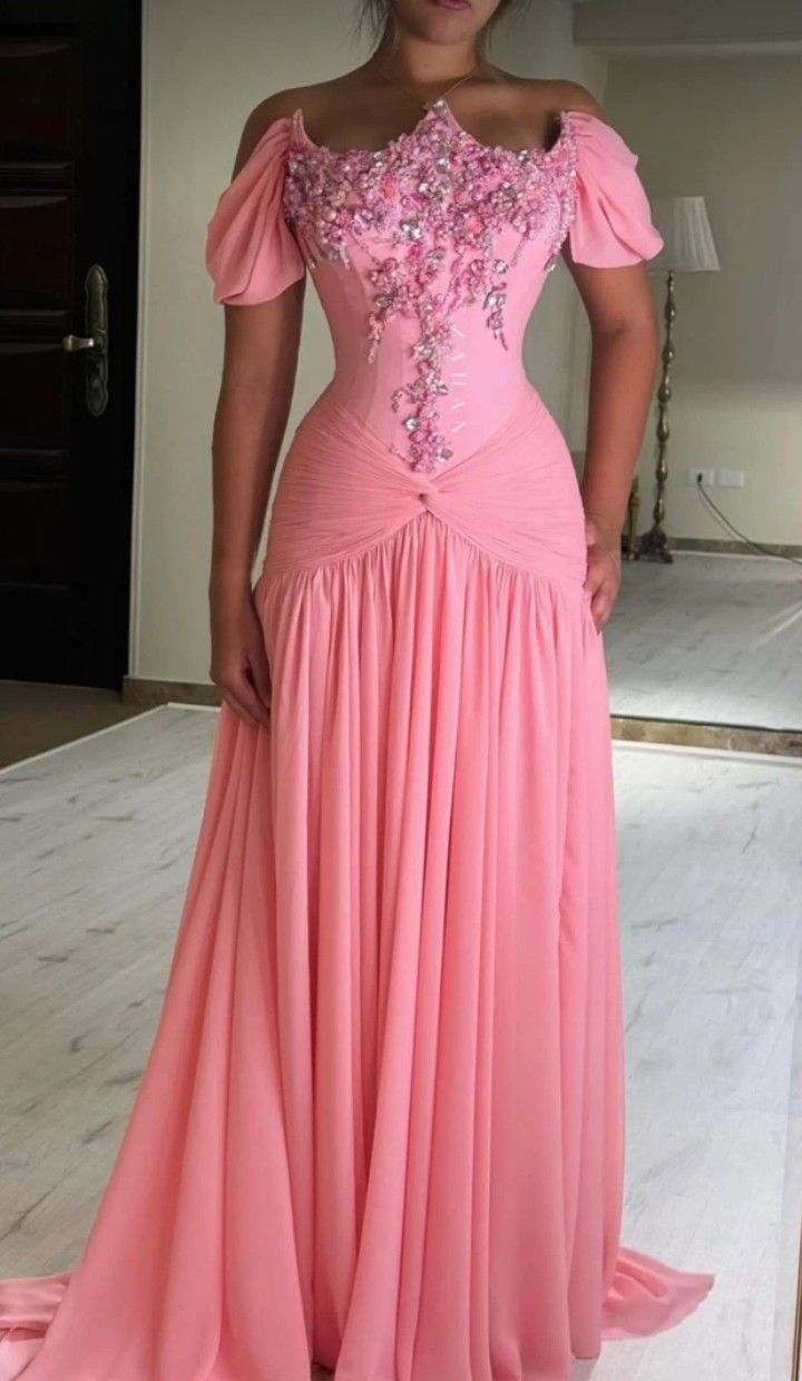 Prom Dress Mermaid Off The Shoulder Pink Chiffon Beaded Floor Length High School Graduation Party Dress RC1063
