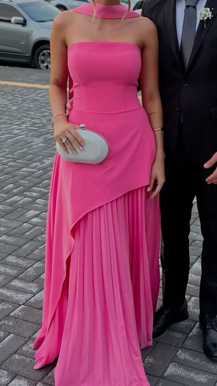 Sexy Hot Pink Prom Dress Aesthetic Classy A line Strapless Sleeveless Chiffon Prom Gowns AB241