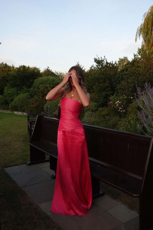 Classic Mermaid Strapless Hot Pink Satin Inspiration Long Wedding Guest Dresses N1666