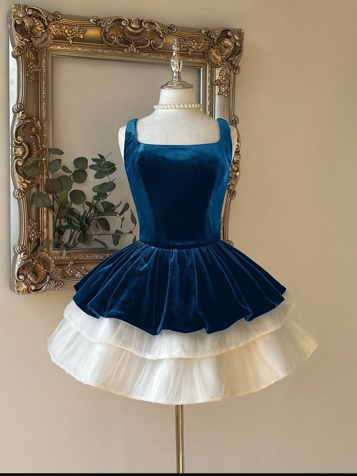 Pretty Ball Gown Square Navy Blue White Velvet Tulle Short Mini Homecoming Dresses Graduation Dress N2436