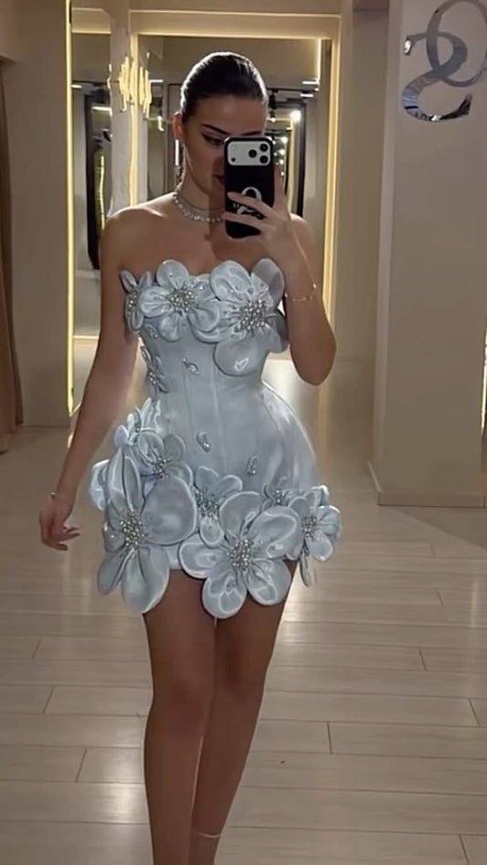Elegant Sheath Tight Bodycon Strapless Blue With 3D Flowers Short Inspo Hoco Dress Ideas Homecoming Dresses RB4133