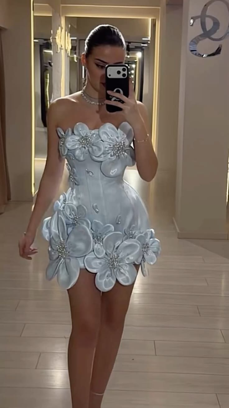 Elegant Sheath Tight Bodycon Strapless Blue With 3D Flowers Short Inspo Hoco Dress Ideas Homecoming Dresses RB4133