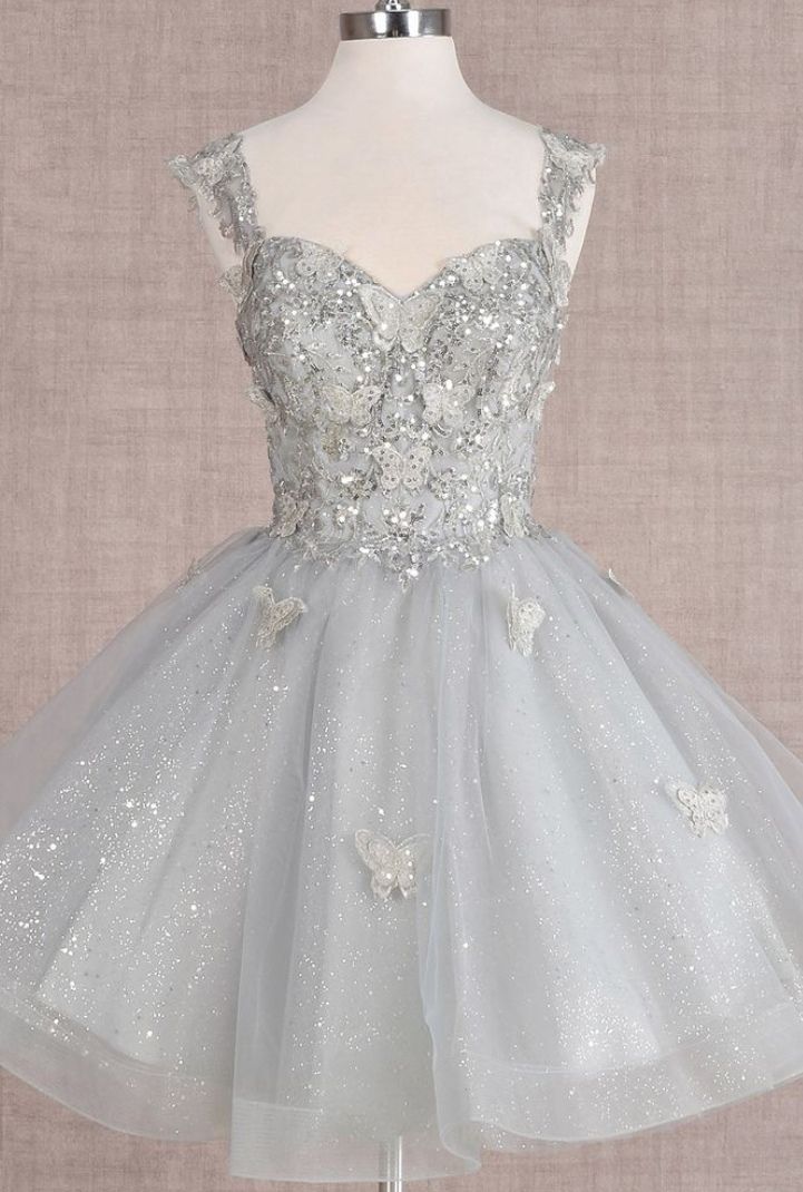 Glitter Ball Gown Spaghetti Strap Light Grey Tulle Mini Short Hoco 19th Birthday Dress Homecoming Dresses RB4137