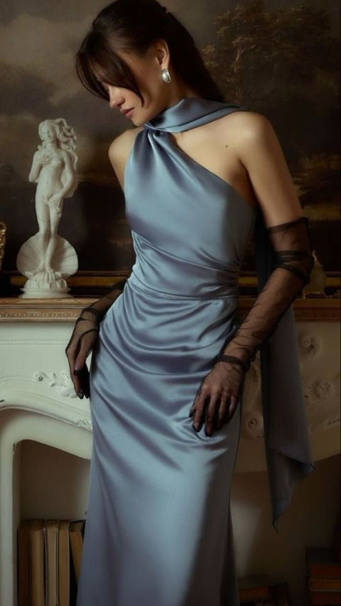 Prom Dress Mermaid One Shoulder Dusty Blue Satin Floor Length Graduation Party Dress RC1070