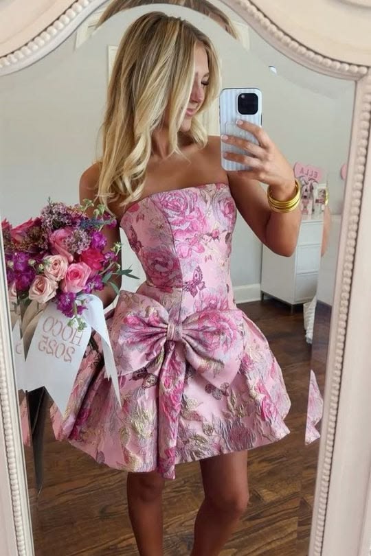 Pretty Ball Gown Strapless Pink Satin Homecoming Dress Inspo Short High School Senior For Teens Graduation Dresses RB6903