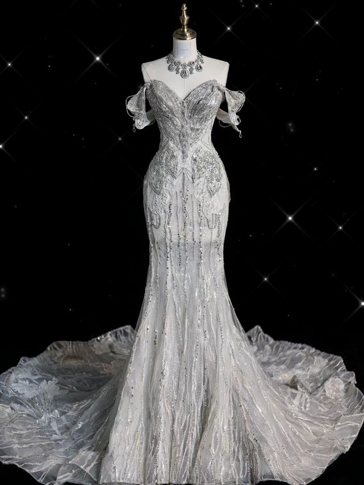 Timeless Women's Off The Shoulder Wedding Dress Mermaid With Sleeves Lace for Bride Beads Brides Dress AB1147