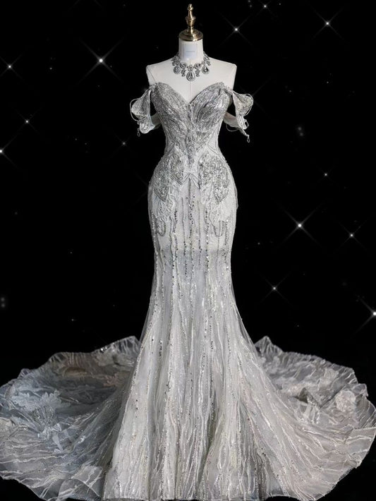 Timeless Women's Off The Shoulder Wedding Dress Mermaid With Sleeves Lace for Bride Beads Brides Dress AB1147