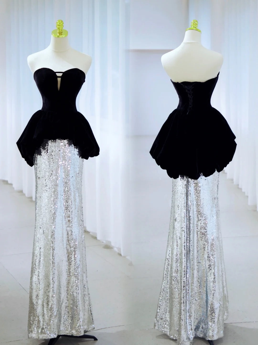 Sexy Mermaid Sweetheart Black Top Silver Sequin Long Prom Dresses Party Dress 19th Birthday Outfits Graduation Gown N2844