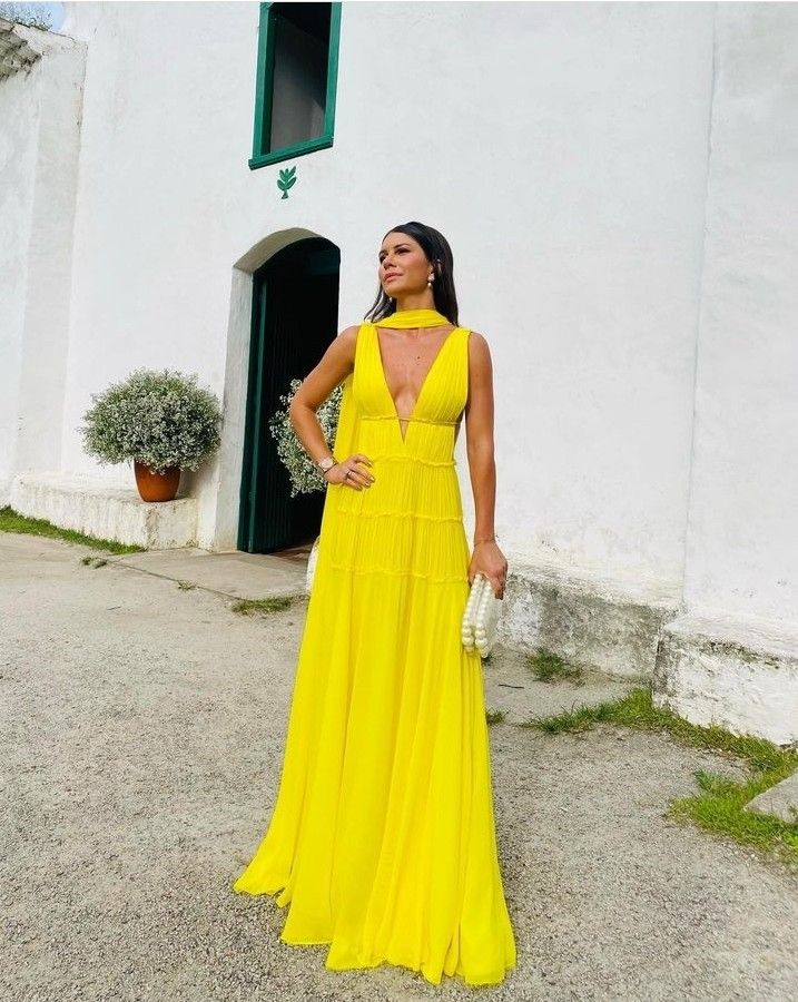 Modest A Line V neck Chiffon Yellow Prom Dresses Inspo Simple Long Prom Gowns With Scarf AB248