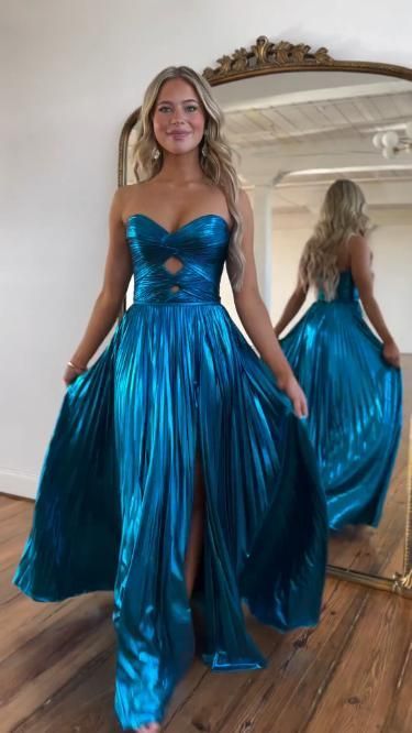 Simple A Line Sweetheart Blue With Slit Satin Sleeveless Formal For Women Girls Teens Prom Dresses N2308