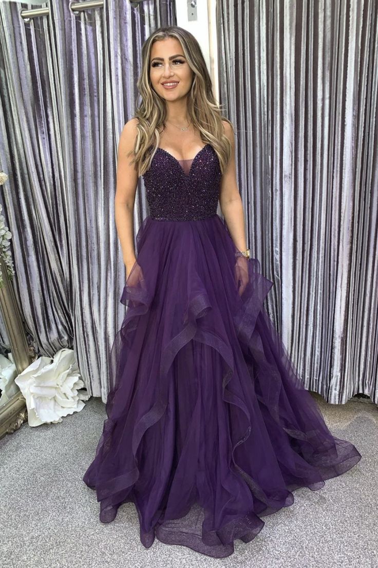 Modest Purple tulle long A line prom dress with beads Formal Party Gown AB460