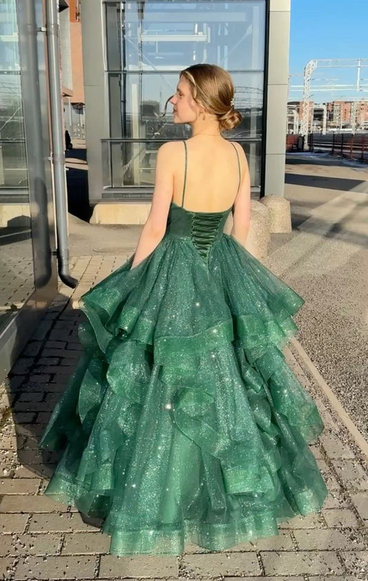Modest Ball Gown Spaghetti Straps Green Tulle Long Prom Dress Evening Formal Gowns AB467