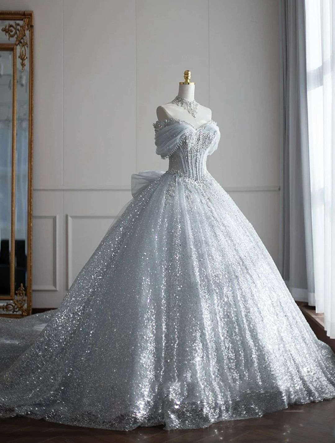 Elegant Ball Gown Off The Shoulder Silver Sequins With Beads Prom Dresses Ruffles Party Dress Evening Dresses AB1149