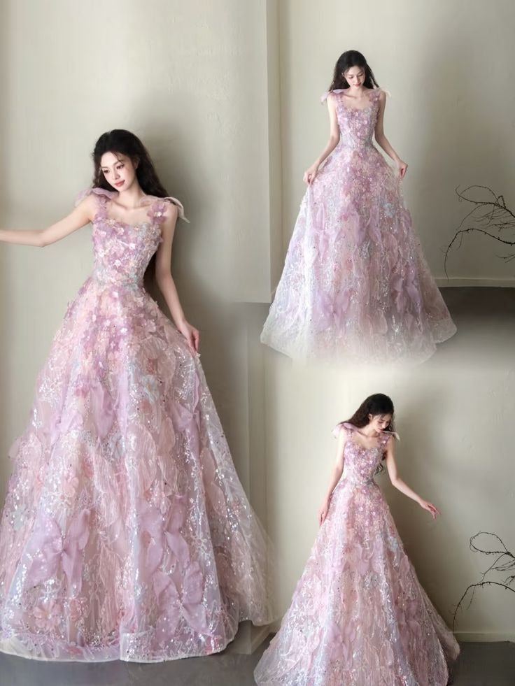 Retro A Line Spaghetti Strap Lilac Tulle Lace Fitted Long Prom Dresses Prom Gowns AB312