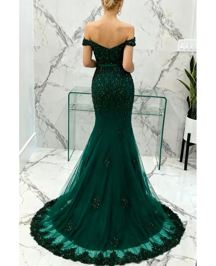 Green Mermaid Lace Beaded Off-Shoulder Formal Prom Dresses Long Party Dress AB1581