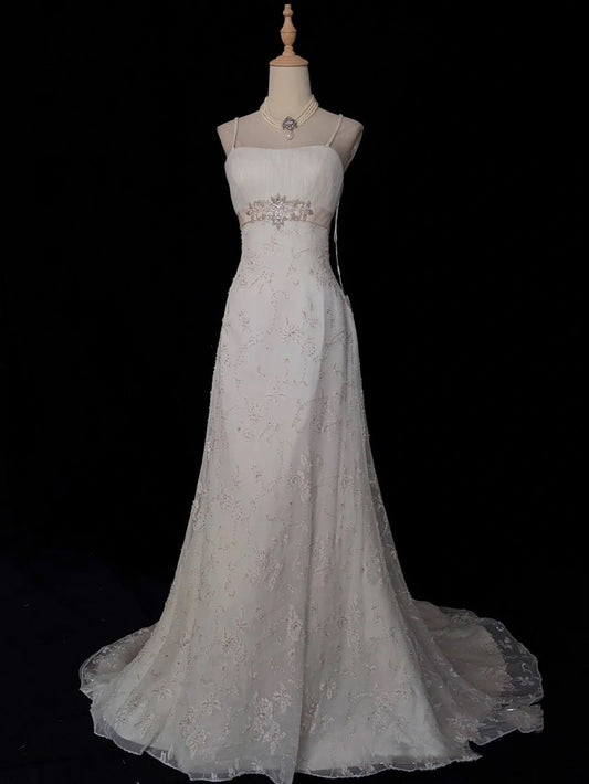 Retro 1950s Wedding Dresses for Bride A line Spagehtti Straps With Silver Beads Lace Petite/Plus Size Bridal Gowns for Spring Summer Wedding AB1478