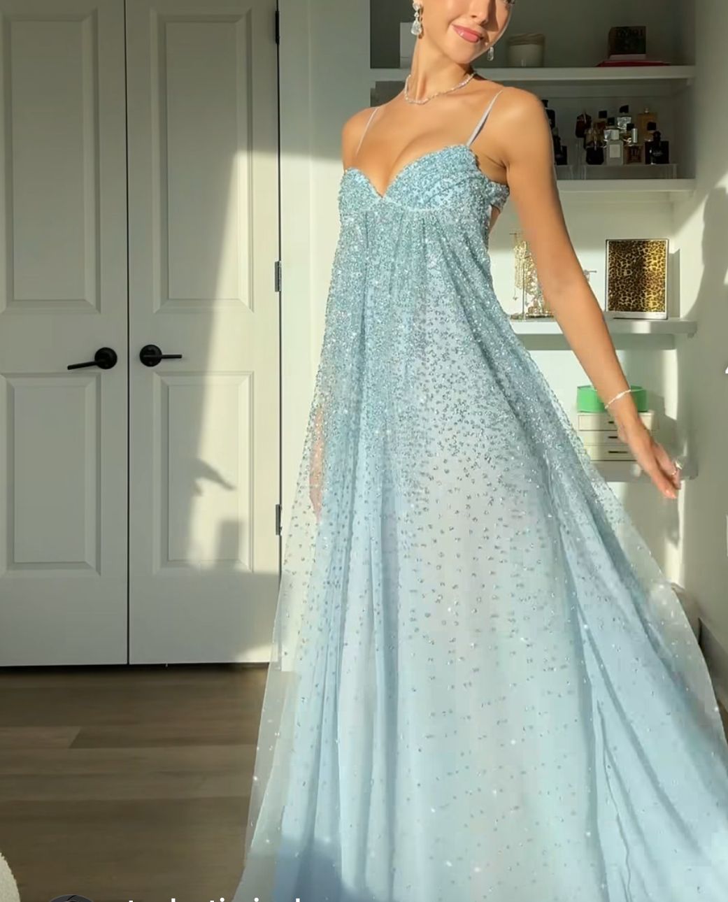Stunning Prom Dresses A Line Spaghetti Strap Light Sky Blue Sequin Backless Long Formal Dress N2474