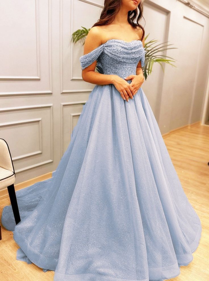Dream A line Off The Shoulder Blue Tulle Sequin Tops Prom Dress Inspo Women Long Formal Dance Evening Party Gowns AB1801