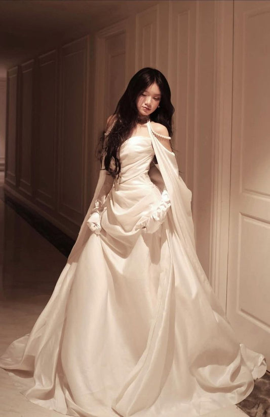 Retro Ball Gown Sweetheart Organza 70s White Fitted Long Wedding Dress Bride Gown Brides Dresses AU311