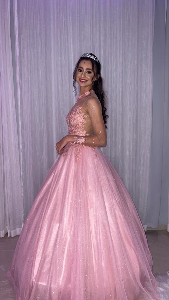 Sweet 16 Dress Ballgown High Neck Pink Long Sleeves vestido de 15 Sweet Sixteen Dress RB9518