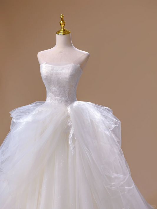 Princess Ball Gown Strapless Tulle White Long Wedding Dress Beautiful Formal Brides Gown Wedding Dresses DH2816
