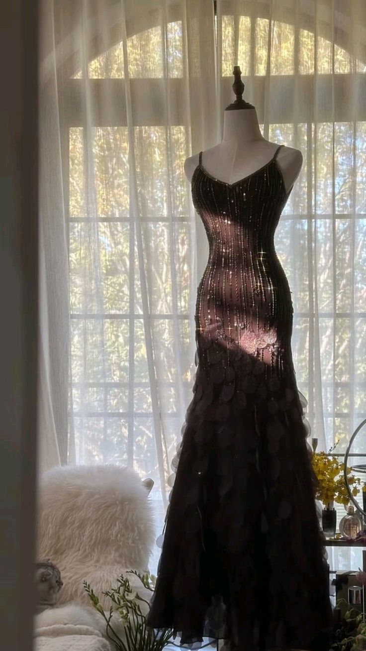 Classy Mermaid Spaghetti Straps Brown Chiffon Long Prom Dresses Inspiration Prom Gown DH2929