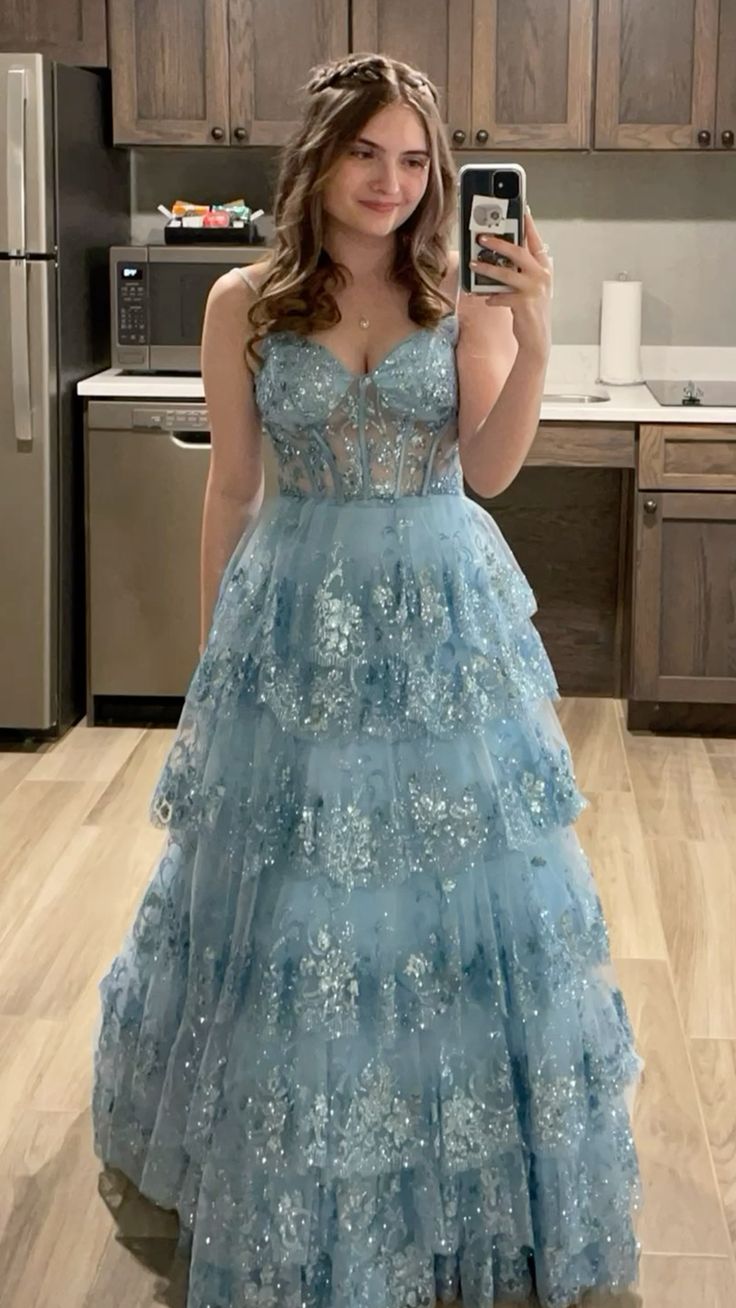 Timeless Ball Gown Spaghetti Straps Blue Lace Sequins Prom Dresses Party Dress 20th Birthday Outfits Prom Gown DH2971