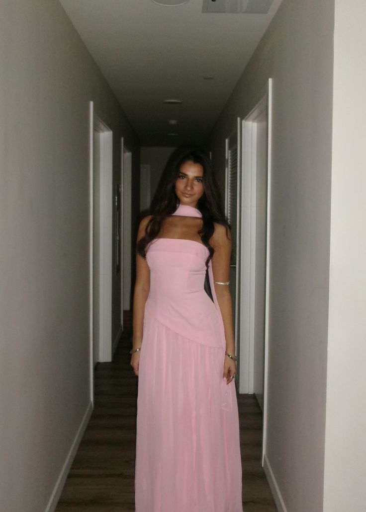 Simple A Line Strapless Pink Maxi Dress Chiffon With Scarf Beach Summer Garden Inspiration Wedding Guest Dresses N2476