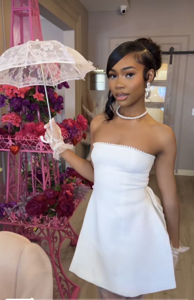 Classy A line Strapless Little White Dress For Teens Girls With Bow Pa – RubyFashionDress
