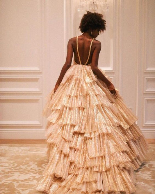 Luxurious Gold Pleated Layered Prom Dress Ball Gown Quinceanera Party Dress N801