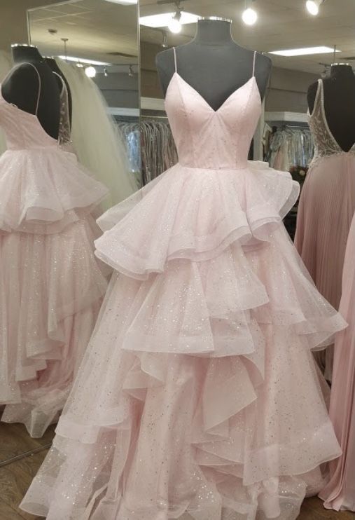 Elegant Ball Gown Spaghetti Straps Light Pink Long Tulle Prom Dresses Vestidos De Dia AB583