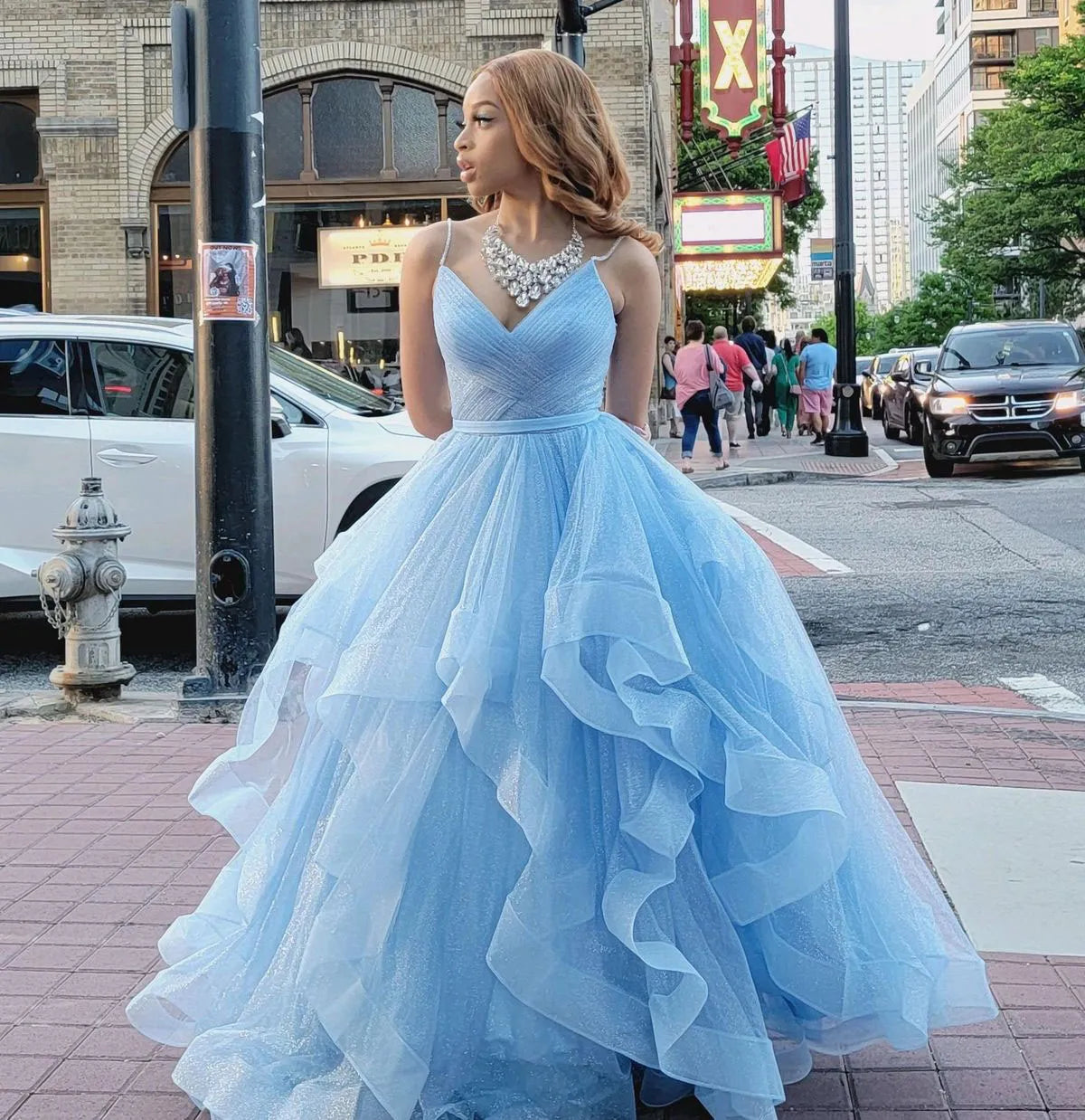 Sexy Ball Gown Spaghetti Straps Light Blue Tulle Prom Dresses Inspiration Prom Dress Princess Party Birthday Graduation Dress B380
