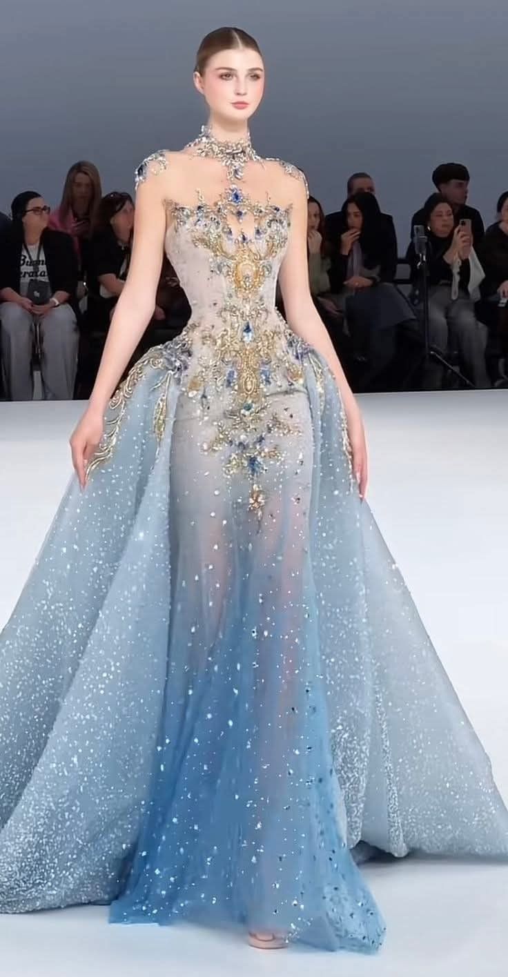 Modest Mermaid High Neck Blue Tulle Gold Beaded Long Prom Dresses Inspiration Evening Gowns For Women Formal Party Dress AB1218