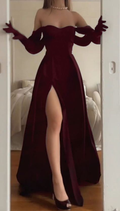 Unique A Line Off The Shoulder Burgundy With Slit Prom Dresses Formal Gown Inspo Evening Outfits AB1407