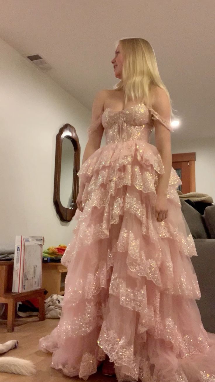 Fairytale Pink Prom Dress Ball Gown Off The Shoulder Lace Layers Princess Party Evening Formal Gown RC1164