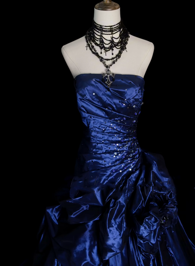 Vintage Ball Gown Strapless Navy Blue Satin Long Prom Dresses Senior Graduation Dance Evening Outfits N035