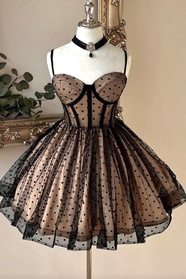 Stylish Ball Gown Spaghetti Strap Black Polka Dots Mini Homecoming Dress Inspo Short Graduation Dresses RB6910