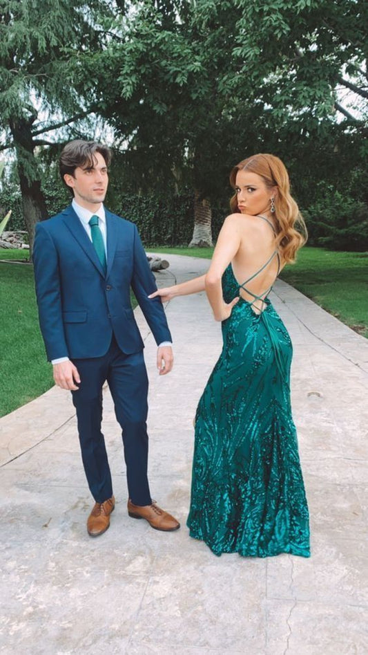 Cute Scoop Neck Dark Green Sequins Mermaid Prom Dress with Slit For Women AB1474