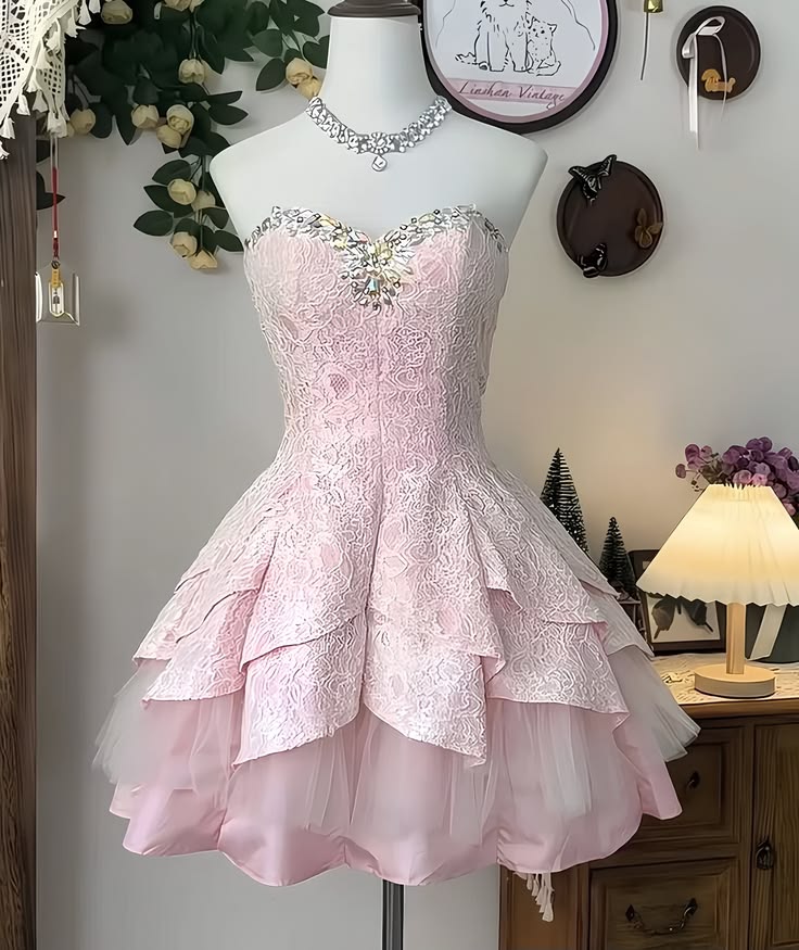 Cute Ball Gown Sweetheart Lace Pink Senior Short Formal Graduation Inspo Homecoming Dresses N4575